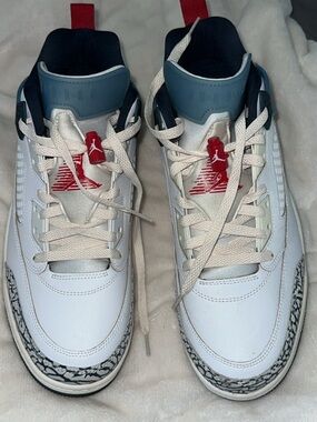 Jordan men’s White & Blue Retro Basketball Shoes with Red Accents